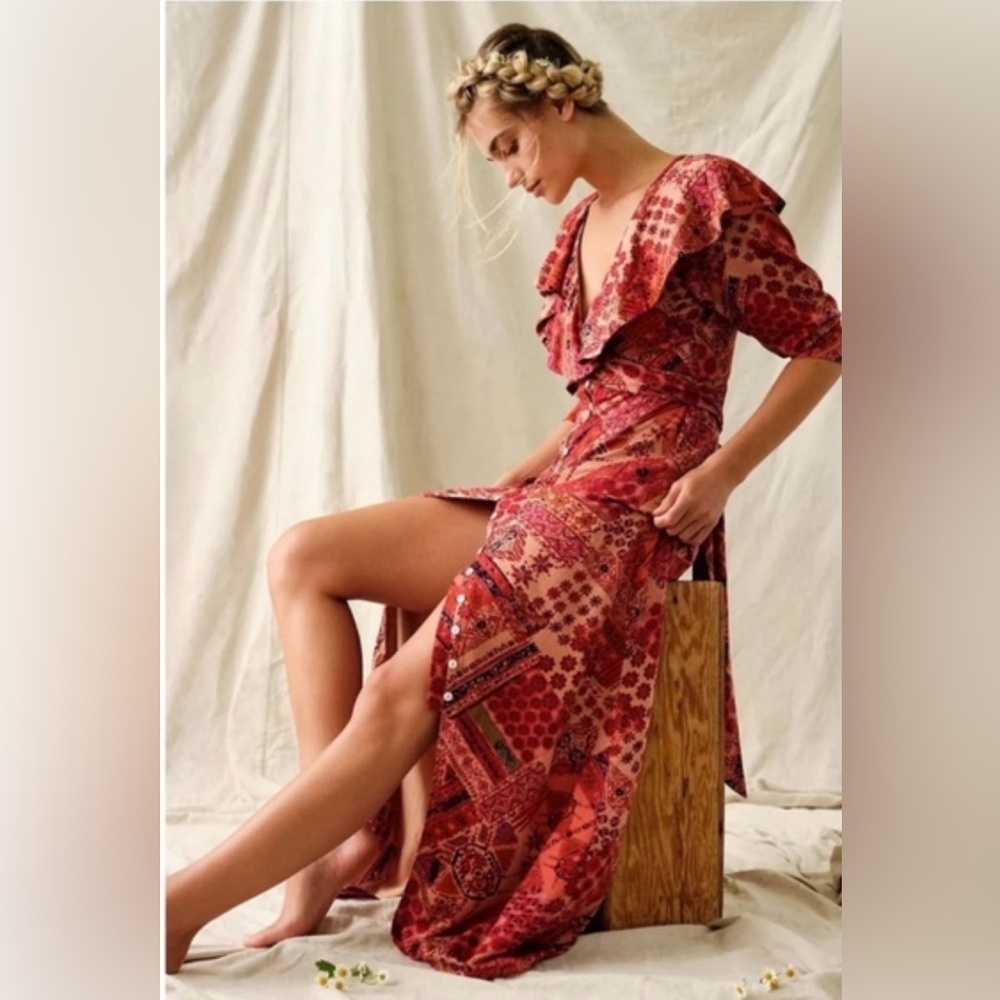 Free People Lennon Bohemian Ruffled Pink Patchwork Dress
